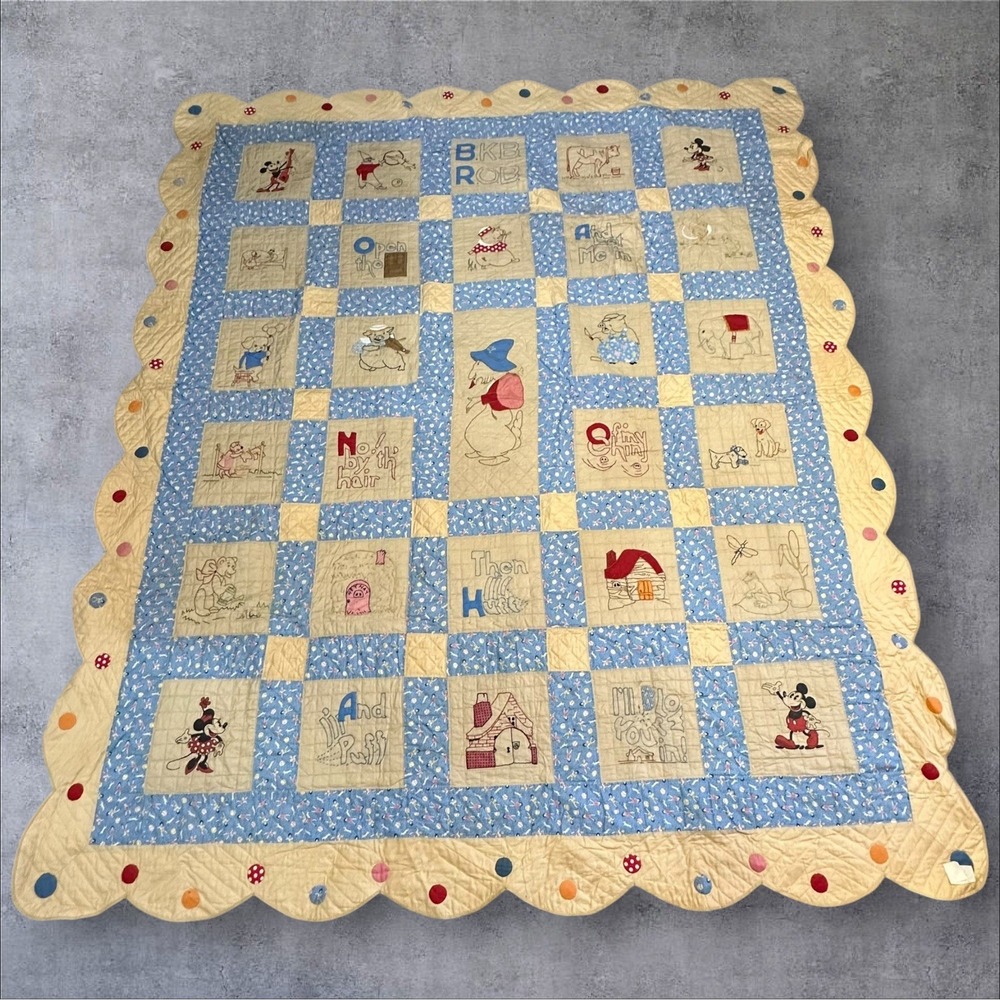Vintage Disney Mickey Mouse Nursery Rhyme Quilt 1970s Hand Quilted 84x72‎